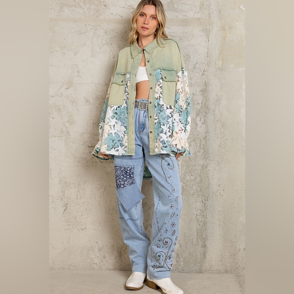 #30 New! Pol Gorgeous Sage Lace Shacket with detailed ruffled sleeves - Picture 5 of 6